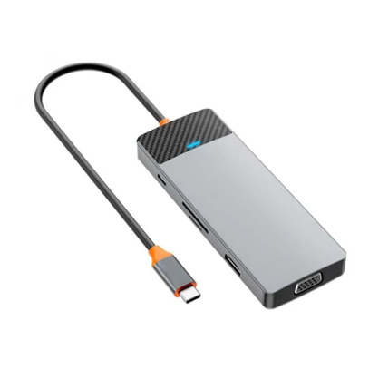 Хаб WiWU Linker Series Hub 9в1 (USB-C to USB3.0*2+USB2.0*1+SD/TF+PD+USB-C(3.0)+HDMI+VGA) (A921HV) Серый
