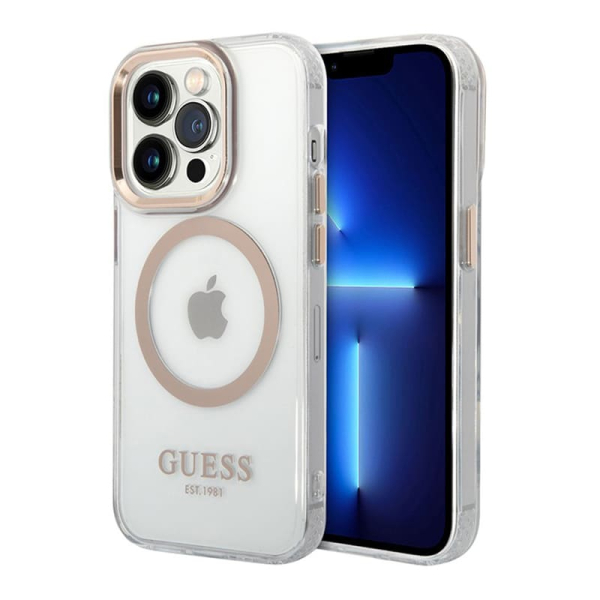Чехол Guess для iPhone 15 Pro с MagSafe PC/TPU Metal outline Hard (GUHMP15LHTRMD) Transparent/Gold Прозрачный
