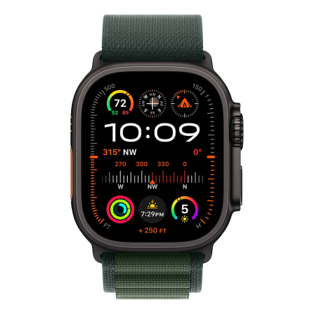 Apple Watch Ultra 2 (2024), 49 мм корпус из титана цвета «Black», ремешок Alpine Loop размера L цвета «Dark Green»