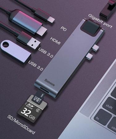 Переходник Baseus для MacBook HUB TB3 C+ (Dual Type-C to USB3.0/HDMI/Type-C/SD/Micro/LAN) (CAHUB-L0G) Deep Grey, тёмно-серый