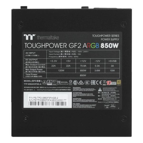 Блок питания Thermaltake Toughpower GF2 ARGB (PS-TPD-0850F3FAGE-2) Gold, 850 Вт Чёрный
